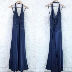 Dave & Johnny Blue Halter Full length dress